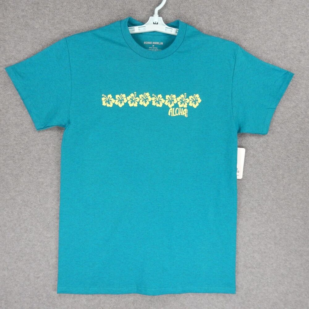 Aloha Hibiscus Hawaii Mens TShirt Medium Green Teal Tropical Flower Kona Marlin